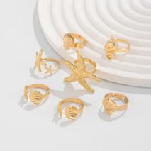 Bohemia 7pcs Chunky Starfish Conch Shell Ring Set - ArtGalleryZen