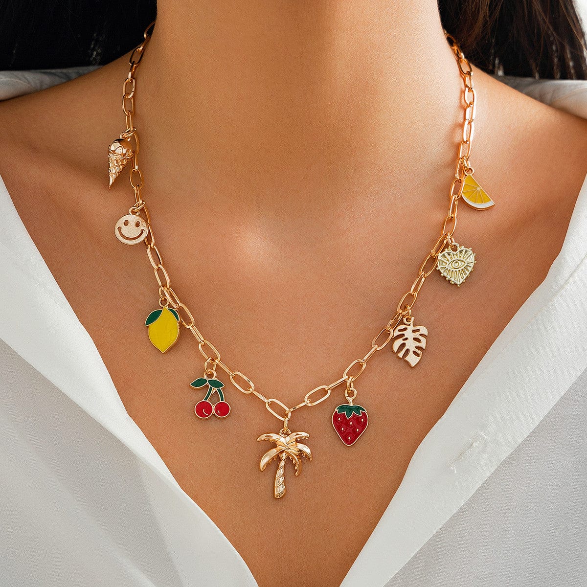 Bohemia Enamel Fruit Coconut Tree Heart Charm Necklace - ArtGalleryZen
