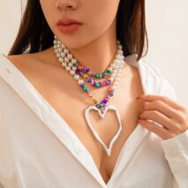 Bohemia Layered Turquoise Pearl Chain Heart Pendant Choker Necklace - ArtGalleryZen