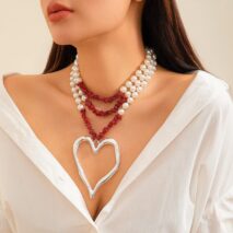 Bohemia Layered Turquoise Pearl Chain Heart Pendant Choker Necklace - ArtGalleryZen