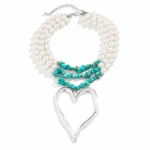 Bohemia Layered Turquoise Pearl Chain Heart Pendant Choker Necklace - ArtGalleryZen