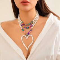 Bohemia Layered Turquoise Pearl Chain Heart Pendant Choker Necklace - ArtGalleryZen