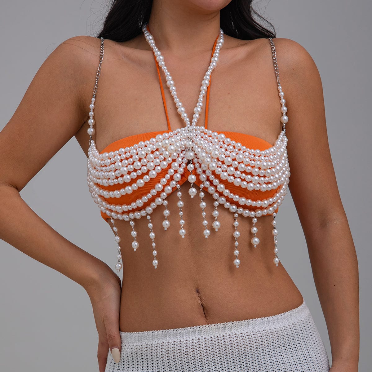 Bohemia Layered Pearl Tassel Halter Top Backless Body Chain Bra - ArtGalleryZen