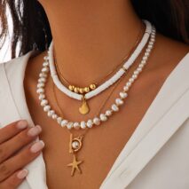 Bohemia Layered Shell Starfish Pendant Pearl Chain Necklace Set - ArtGalleryZen