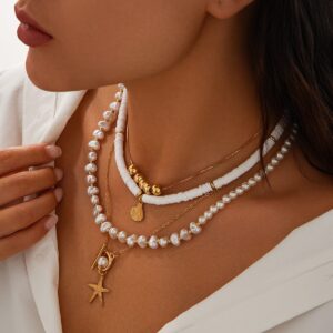 Bohemia Layered Shell Starfish Pendant Pearl Chain Necklace Set - ArtGalleryZen