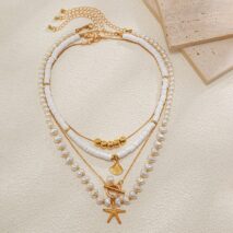 Bohemia Layered Shell Starfish Pendant Pearl Chain Necklace Set - ArtGalleryZen