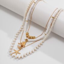 Bohemia Layered Shell Starfish Pendant Pearl Chain Necklace Set - ArtGalleryZen