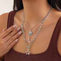 Bohemia Layered Sun Moon Star Pendant Turquoise Stone Necklace Set - ArtGalleryZen