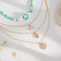 Bohemia Mermaid Shell Starfish Flower Pendant Polymer Clay Necklace Set - ArtGalleryZen