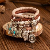 Bohemian 6pcs Cactus Cowboy Hat Charm Polymer Clay Beaded Bracelet Set - ArtGalleryZen