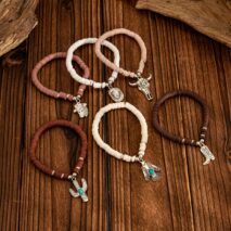 Bohemian 6pcs Cactus Cowboy Hat Charm Polymer Clay Beaded Bracelet Set - ArtGalleryZen