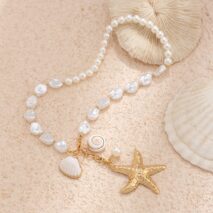 Bohemia Starfish Conch Pendant Pearl Chain Necklace - ArtGalleryZen