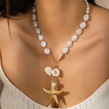 Bohemia Starfish Conch Pendant Pearl Chain Necklace - ArtGalleryZen