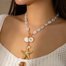 Bohemia Starfish Conch Pendant Pearl Chain Necklace - ArtGalleryZen