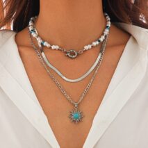 Bohemia Turquoise Inlaid Sun Pendant Evil Eye Pearl Chain Necklace Set - ArtGalleryZen