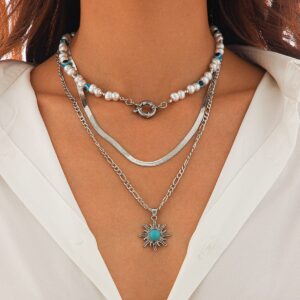 Bohemia Turquoise Inlaid Sun Pendant Evil Eye Pearl Chain Necklace Set - ArtGalleryZen