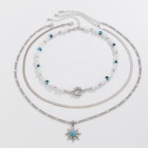 Bohemia Turquoise Inlaid Sun Pendant Evil Eye Pearl Chain Necklace Set - ArtGalleryZen