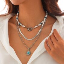Bohemia Turquoise Inlaid Sun Pendant Evil Eye Pearl Chain Necklace Set - ArtGalleryZen