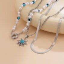 Bohemia Turquoise Inlaid Sun Pendant Evil Eye Pearl Chain Necklace Set - ArtGalleryZen