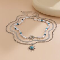 Bohemia Turquoise Inlaid Sun Pendant Evil Eye Pearl Chain Necklace Set - ArtGalleryZen