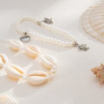 Boho 2pcs Conch Shell Starfish Charm Pearl Chain Anklet Set - ArtGalleryZen