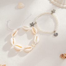 Boho 2pcs Conch Shell Starfish Charm Pearl Chain Anklet Set - ArtGalleryZen