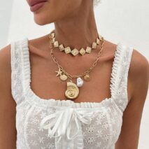 Boho 2pcs Conch Shell Starfish Pearl Charm Square Choker Necklace Set - ArtGalleryZen