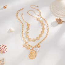 Boho 2pcs Conch Shell Starfish Pearl Charm Square Choker Necklace Set - ArtGalleryZen