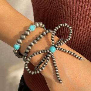 Boho 3pcs Antique Silver Tone Bowknot Turquoise Beaded Bracelet Set - ArtGalleryZen