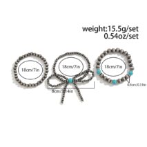 Boho 3pcs Antique Silver Tone Bowknot Turquoise Beaded Bracelet Set - ArtGalleryZen