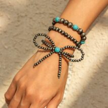 Boho 3pcs Antique Silver Tone Bowknot Turquoise Beaded Bracelet Set - ArtGalleryZen