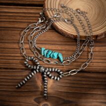 Boho 3pcs Antique Silver Tone Bowknot Turquoise Curb Chain Bracelet Set - ArtGalleryZen