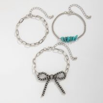 Boho 3pcs Antique Silver Tone Bowknot Turquoise Curb Chain Bracelet Set - ArtGalleryZen