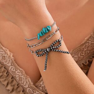 Boho 3pcs Antique Silver Tone Bowknot Turquoise Curb Chain Bracelet Set - ArtGalleryZen