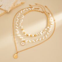 Boho 3pcs Conch Enamel Round Disk Pendant Pearl Chain Necklace Set - ArtGalleryZen