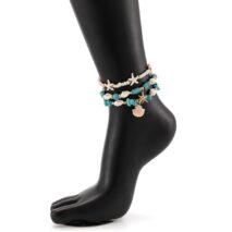 Boho 3Pcs Conch Shell Starfish Charm Turquoise Seed Bead Chain Anklet Set - ArtGalleryZen