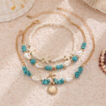 Boho 3Pcs Conch Shell Starfish Charm Turquoise Seed Bead Chain Anklet Set - ArtGalleryZen