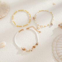 Boho 3pcs Conch Starfish Charm Pearl Seed Bead Chain Anklet Set - ArtGalleryZen
