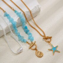 Boho 3Pcs Enamel Starfish Conch Pendant Turquoise Stone Chain Necklace Set - ArtGalleryZen
