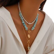 Boho 3Pcs Enamel Starfish Conch Pendant Turquoise Stone Chain Necklace Set - ArtGalleryZen