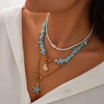 Boho 3Pcs Enamel Starfish Conch Pendant Turquoise Stone Chain Necklace Set - ArtGalleryZen