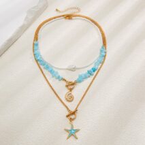 Boho 3Pcs Enamel Starfish Conch Pendant Turquoise Stone Chain Necklace Set - ArtGalleryZen