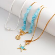 Boho 3Pcs Enamel Starfish Conch Pendant Turquoise Stone Chain Necklace Set - ArtGalleryZen