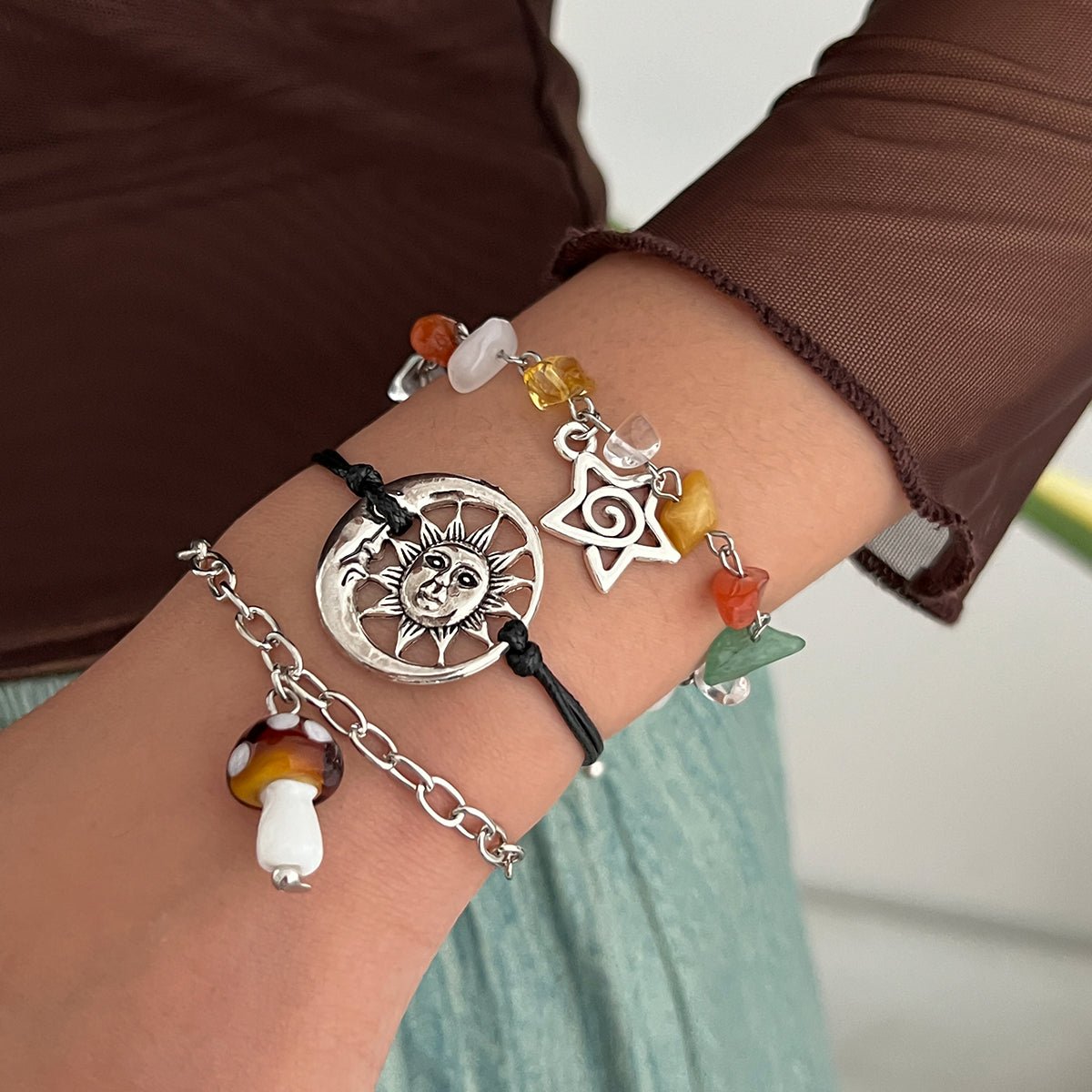 Boho 3pcs Mushroom Sun Moon Star Charm Turquoise Stone Bracelet Set - ArtGalleryZen