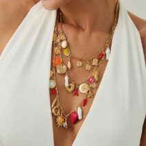 Boho 3pcs Pearl Enamel Heart Chili Sun Flower Pendant Necklace Set - ArtGalleryZen