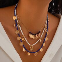 Boho 3Pcs Shell Starfish Pendant Relief Coin Tassel Seed Bead Necklace Set - ArtGalleryZen