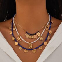 Boho 3Pcs Shell Starfish Pendant Relief Coin Tassel Seed Bead Necklace Set - ArtGalleryZen