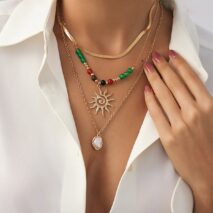 Boho 3pcs Sun Pearl Pendant Agate Bead Necklace Set - ArtGalleryZen