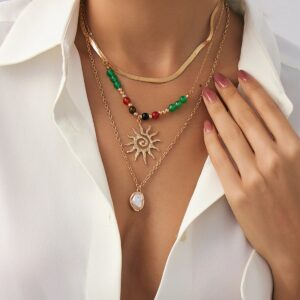 Boho 3pcs Sun Pearl Pendant Agate Bead Necklace Set - ArtGalleryZen