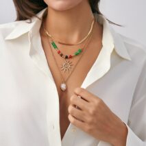 Boho 3pcs Sun Pearl Pendant Agate Bead Necklace Set - ArtGalleryZen